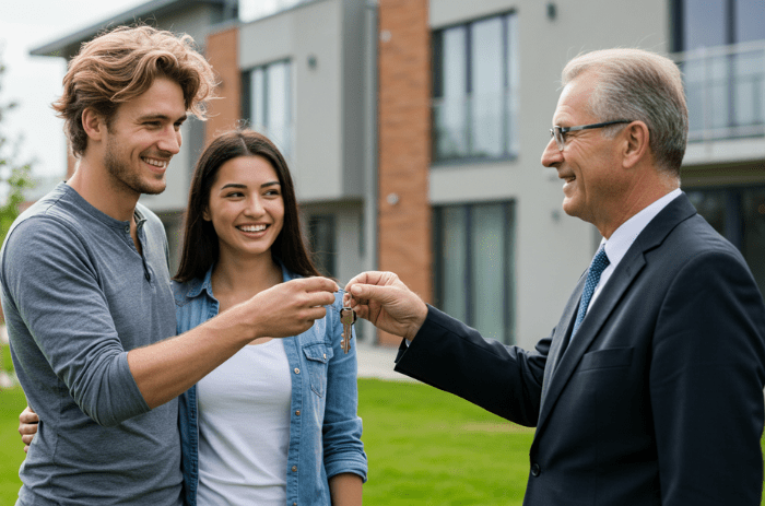 Imagem ilustrativa mostrando um jovem casal feliz recebendo as chaves do imóvel alugado sem a necessidade de fiador em São Carlos
