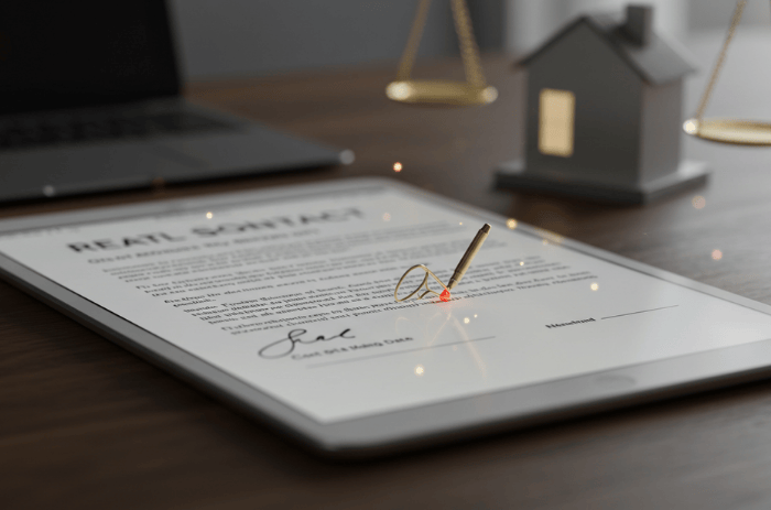 Imagem ilustrativa representando a assinatura eletrônica de contratos imobiliários, destacando segurança e praticidade na negociação em São Carlos