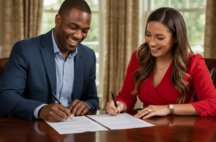 Imagem ilustrativa mostrando uma família feliz assinando contrato de financiamento imobiliário corrigido pela poupança em São Carlos